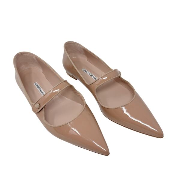 Manolo Blahnik Shoes - Manolo Blahnik Campariflat Nude Beige Tan Patent Pointed Toe Mary Jane Flats 40